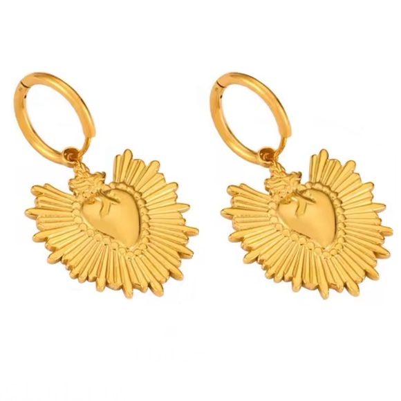 “Sacred Heart” Fiery Floral Radiating Bursting Jesus Mary Catholic Steel Earring - Picture 7 of 11